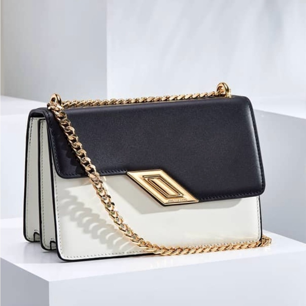Full grain calf leather black and white ghw gold chain bag crossbody or shoulder